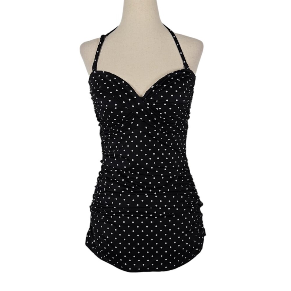 ASOS Slim Black & White Polka Dot Ruched One-Piece Swimsuit Halter Straps US 6